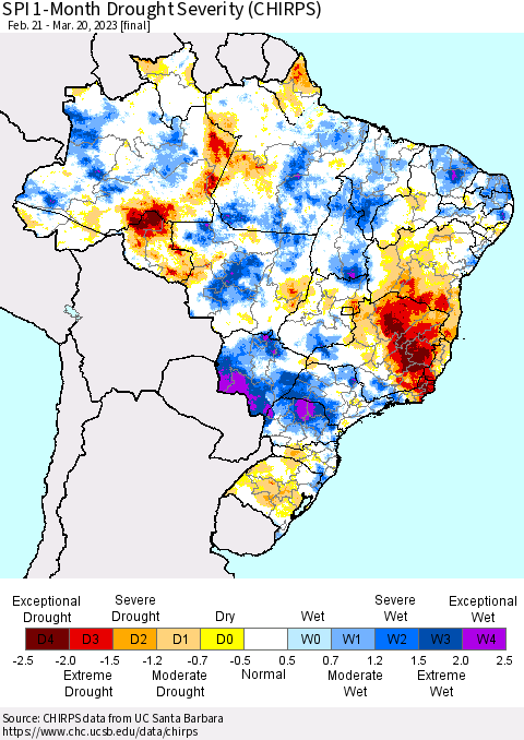Brazil SPI 1-Month Drought Severity (CHIRPS) Thematic Map For 2/21/2023 - 3/20/2023