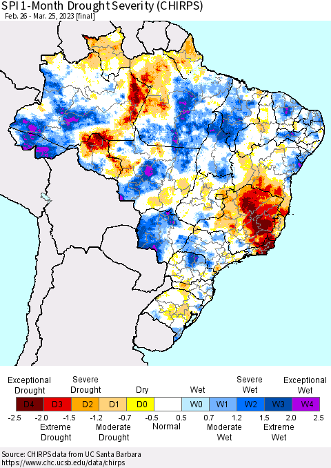 Brazil SPI 1-Month Drought Severity (CHIRPS) Thematic Map For 2/26/2023 - 3/25/2023
