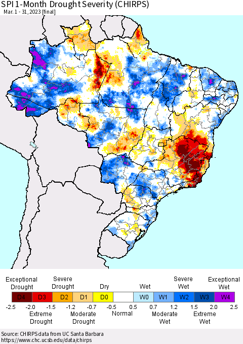Brazil SPI 1-Month Drought Severity (CHIRPS) Thematic Map For 3/1/2023 - 3/31/2023