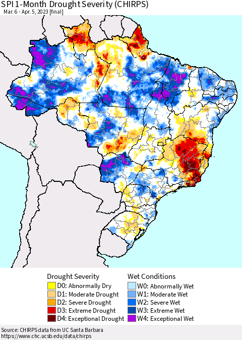 Brazil SPI 1-Month Drought Severity (CHIRPS) Thematic Map For 3/6/2023 - 4/5/2023