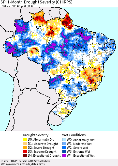 Brazil SPI 1-Month Drought Severity (CHIRPS) Thematic Map For 3/11/2023 - 4/10/2023