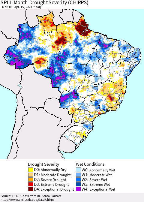 Brazil SPI 1-Month Drought Severity (CHIRPS) Thematic Map For 3/16/2023 - 4/15/2023