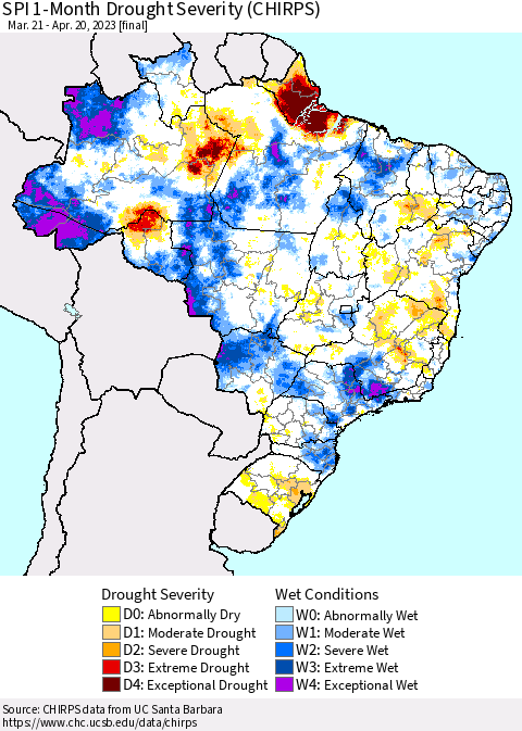 Brazil SPI 1-Month Drought Severity (CHIRPS) Thematic Map For 3/21/2023 - 4/20/2023
