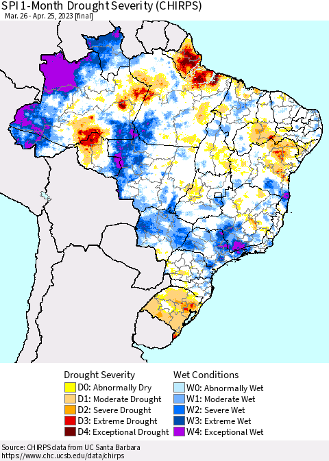 Brazil SPI 1-Month Drought Severity (CHIRPS) Thematic Map For 3/26/2023 - 4/25/2023