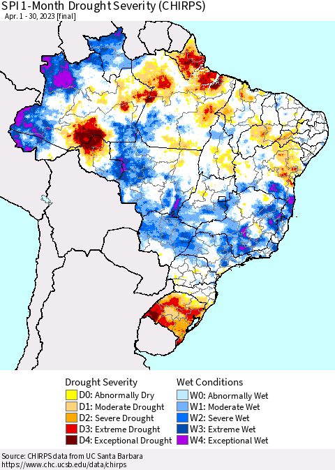 Brazil SPI 1-Month Drought Severity (CHIRPS) Thematic Map For 4/1/2023 - 4/30/2023