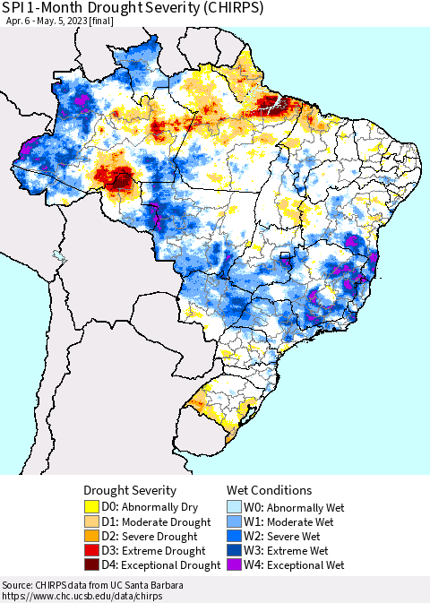 Brazil SPI 1-Month Drought Severity (CHIRPS) Thematic Map For 4/6/2023 - 5/5/2023