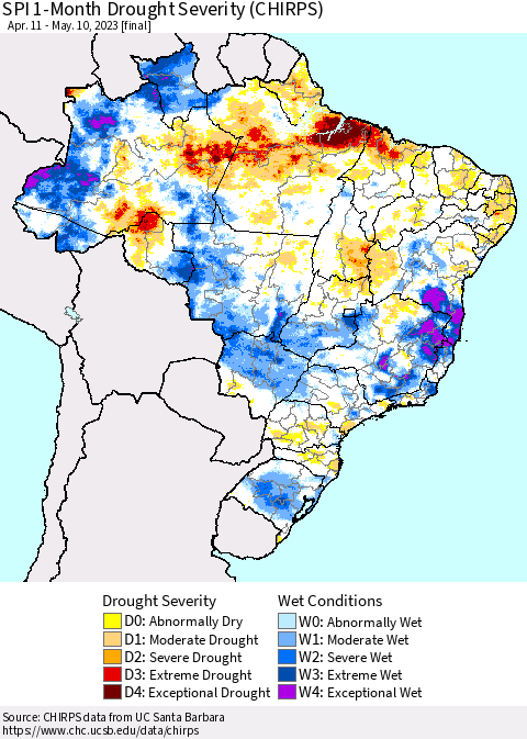 Brazil SPI 1-Month Drought Severity (CHIRPS) Thematic Map For 4/11/2023 - 5/10/2023