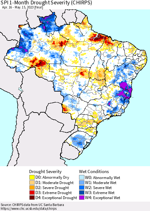 Brazil SPI 1-Month Drought Severity (CHIRPS) Thematic Map For 4/16/2023 - 5/15/2023
