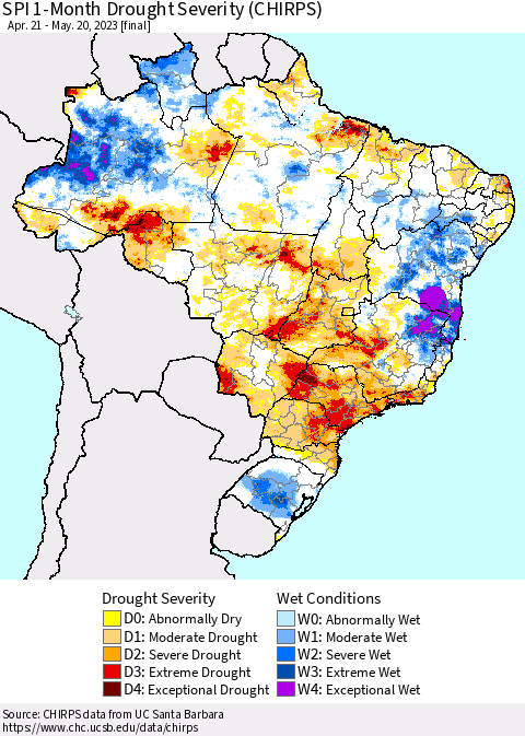 Brazil SPI 1-Month Drought Severity (CHIRPS) Thematic Map For 4/21/2023 - 5/20/2023