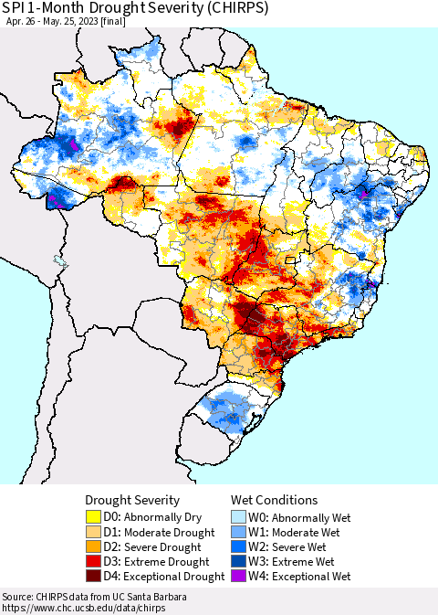 Brazil SPI 1-Month Drought Severity (CHIRPS) Thematic Map For 4/26/2023 - 5/25/2023