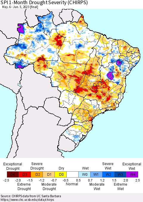 Brazil SPI 1-Month Drought Severity (CHIRPS) Thematic Map For 5/6/2023 - 6/5/2023