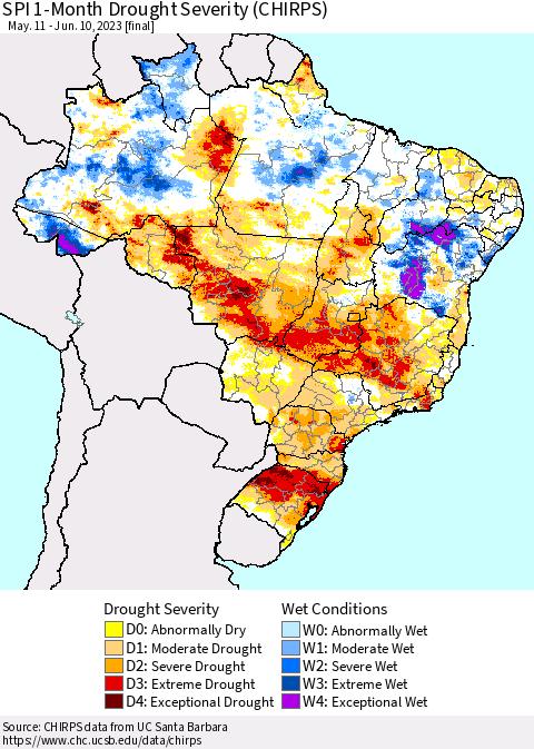 Brazil SPI 1-Month Drought Severity (CHIRPS) Thematic Map For 5/11/2023 - 6/10/2023