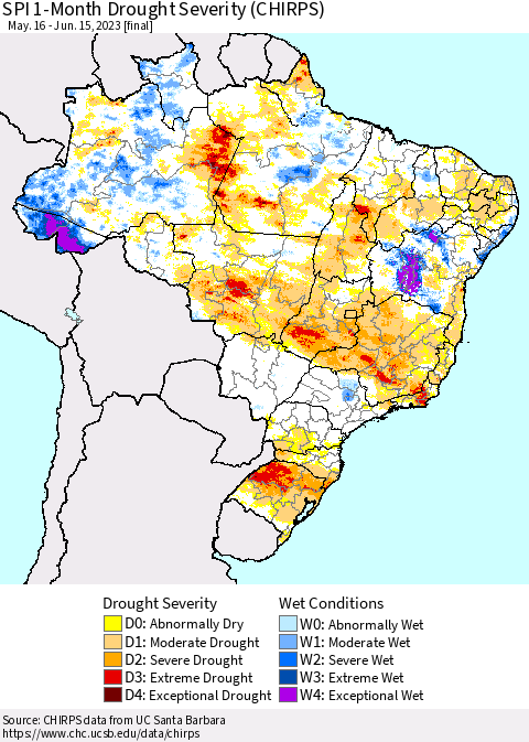 Brazil SPI 1-Month Drought Severity (CHIRPS) Thematic Map For 5/16/2023 - 6/15/2023