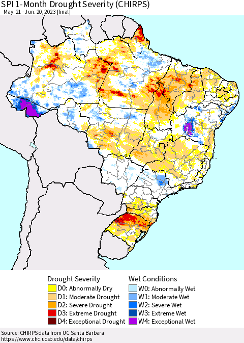Brazil SPI 1-Month Drought Severity (CHIRPS) Thematic Map For 5/21/2023 - 6/20/2023