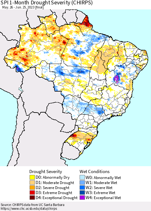 Brazil SPI 1-Month Drought Severity (CHIRPS) Thematic Map For 5/26/2023 - 6/25/2023