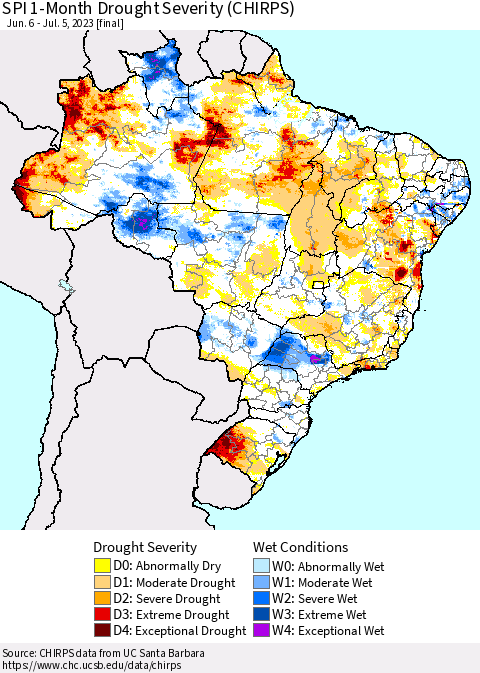 Brazil SPI 1-Month Drought Severity (CHIRPS) Thematic Map For 6/6/2023 - 7/5/2023