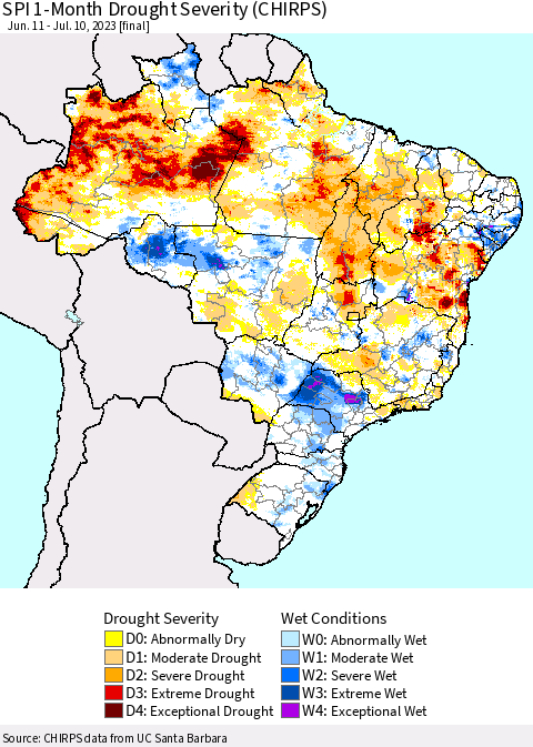 Brazil SPI 1-Month Drought Severity (CHIRPS) Thematic Map For 6/11/2023 - 7/10/2023