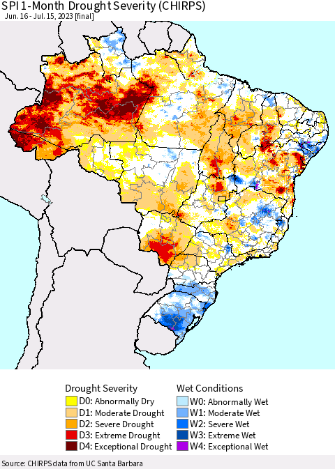 Brazil SPI 1-Month Drought Severity (CHIRPS) Thematic Map For 6/16/2023 - 7/15/2023