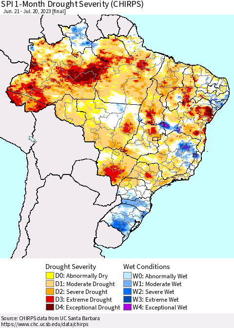 Brazil SPI 1-Month Drought Severity (CHIRPS) Thematic Map For 6/21/2023 - 7/20/2023