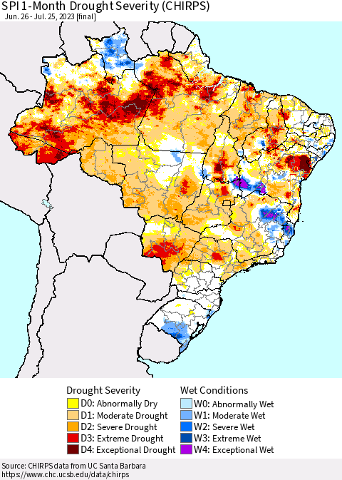Brazil SPI 1-Month Drought Severity (CHIRPS) Thematic Map For 6/26/2023 - 7/25/2023