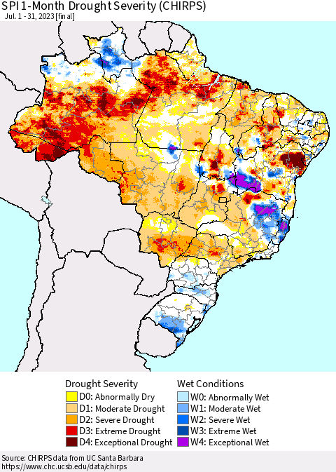 Brazil SPI 1-Month Drought Severity (CHIRPS) Thematic Map For 7/1/2023 - 7/31/2023