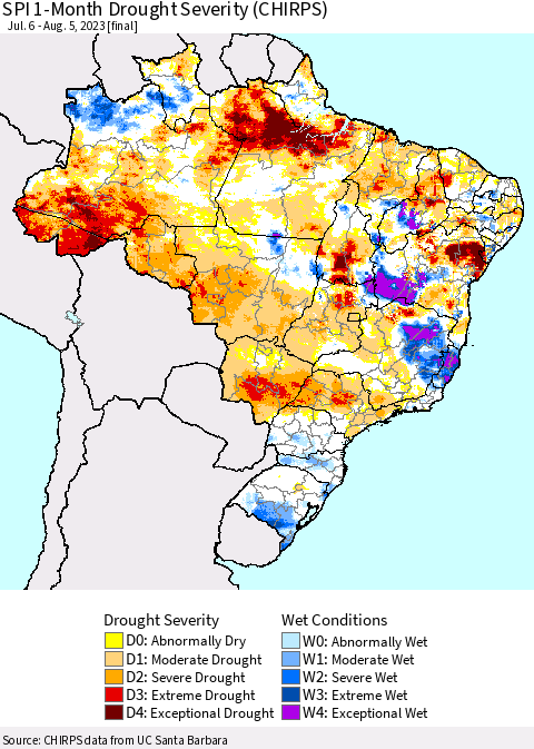 Brazil SPI 1-Month Drought Severity (CHIRPS) Thematic Map For 7/6/2023 - 8/5/2023