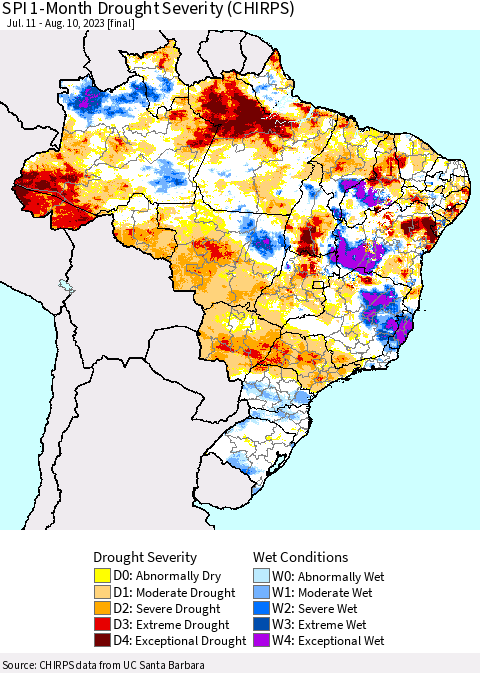 Brazil SPI 1-Month Drought Severity (CHIRPS) Thematic Map For 7/11/2023 - 8/10/2023