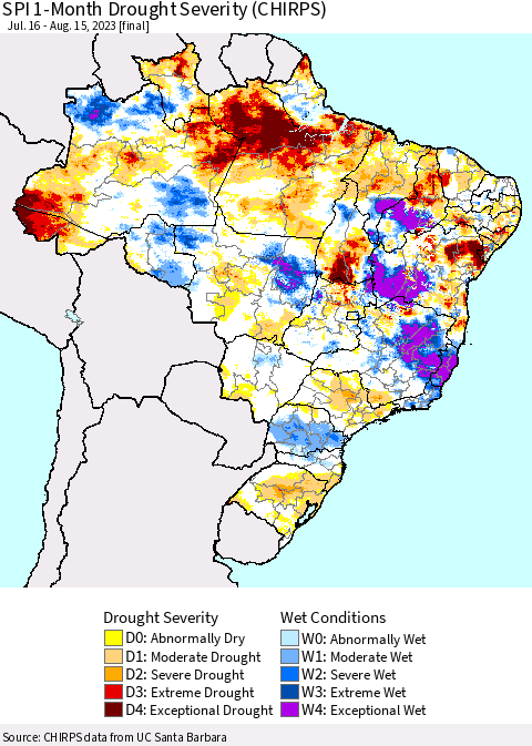 Brazil SPI 1-Month Drought Severity (CHIRPS) Thematic Map For 7/16/2023 - 8/15/2023