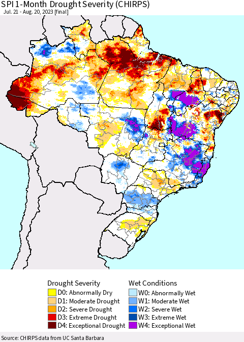 Brazil SPI 1-Month Drought Severity (CHIRPS) Thematic Map For 7/21/2023 - 8/20/2023