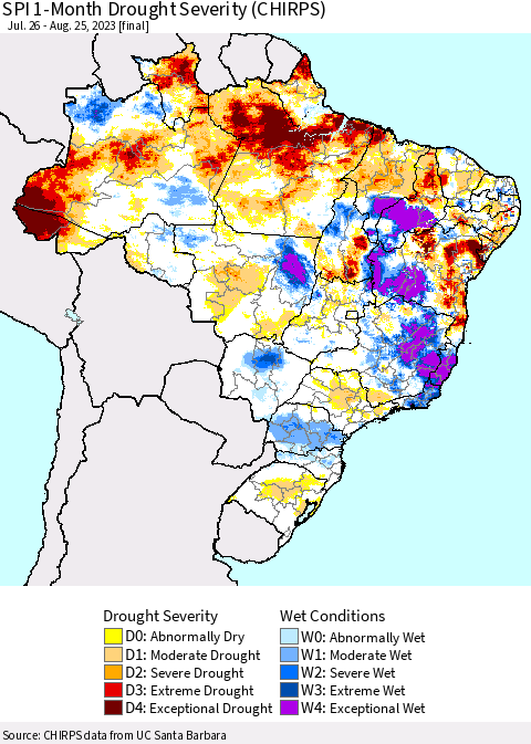 Brazil SPI 1-Month Drought Severity (CHIRPS) Thematic Map For 7/26/2023 - 8/25/2023