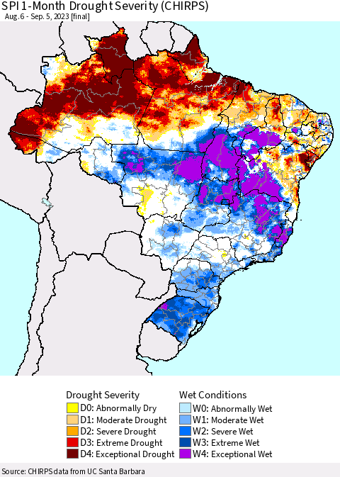 Brazil SPI 1-Month Drought Severity (CHIRPS) Thematic Map For 8/6/2023 - 9/5/2023