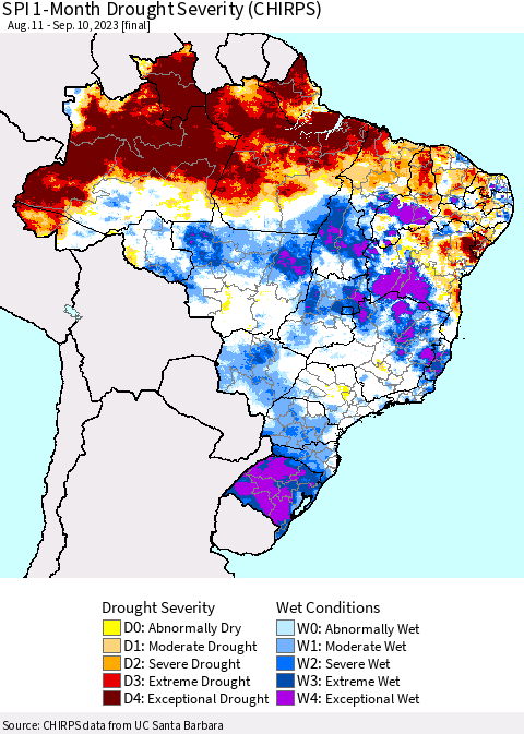 Brazil SPI 1-Month Drought Severity (CHIRPS) Thematic Map For 8/11/2023 - 9/10/2023