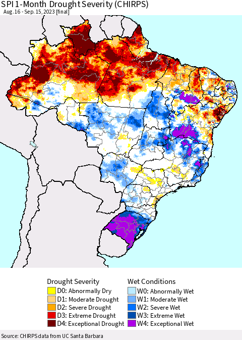 Brazil SPI 1-Month Drought Severity (CHIRPS) Thematic Map For 8/16/2023 - 9/15/2023