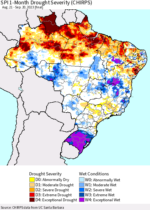 Brazil SPI 1-Month Drought Severity (CHIRPS) Thematic Map For 8/21/2023 - 9/20/2023