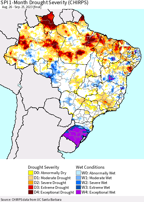 Brazil SPI 1-Month Drought Severity (CHIRPS) Thematic Map For 8/26/2023 - 9/25/2023