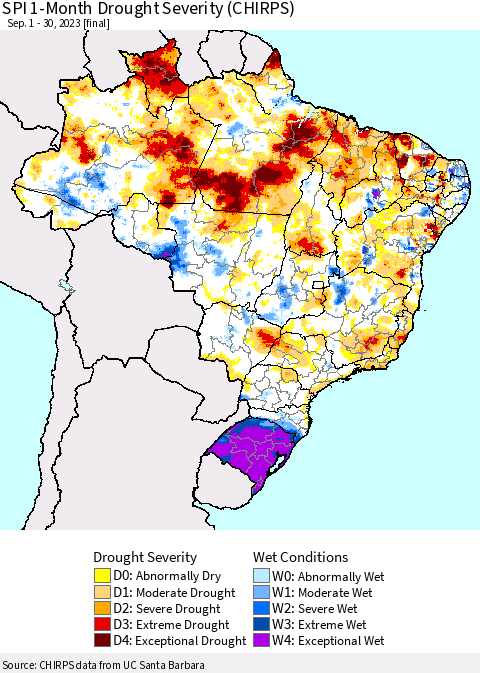 Brazil SPI 1-Month Drought Severity (CHIRPS) Thematic Map For 9/1/2023 - 9/30/2023