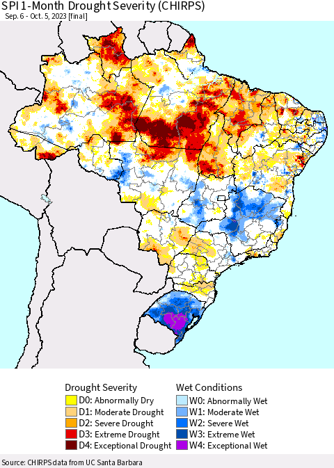 Brazil SPI 1-Month Drought Severity (CHIRPS) Thematic Map For 9/6/2023 - 10/5/2023