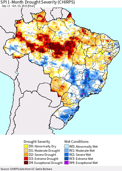 Brazil SPI 1-Month Drought Severity (CHIRPS) Thematic Map For 9/11/2023 - 10/10/2023