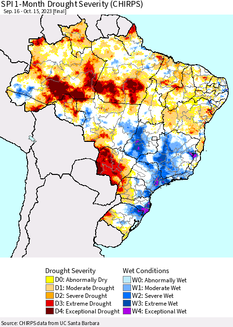 Brazil SPI 1-Month Drought Severity (CHIRPS) Thematic Map For 9/16/2023 - 10/15/2023