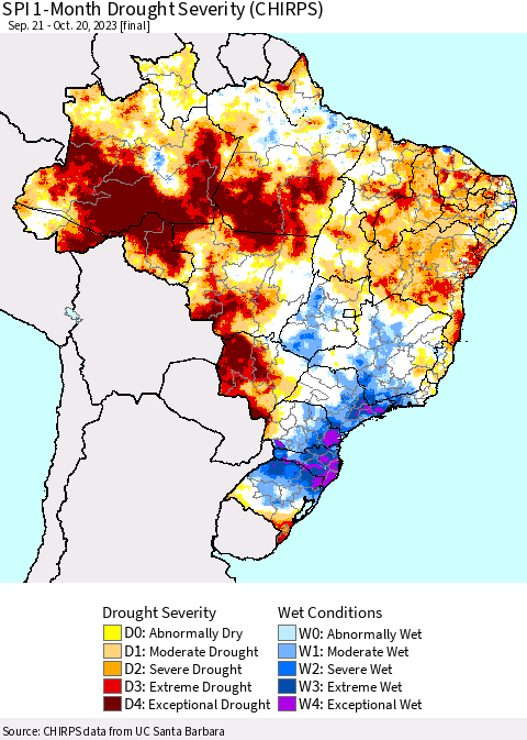 Brazil SPI 1-Month Drought Severity (CHIRPS) Thematic Map For 9/21/2023 - 10/20/2023