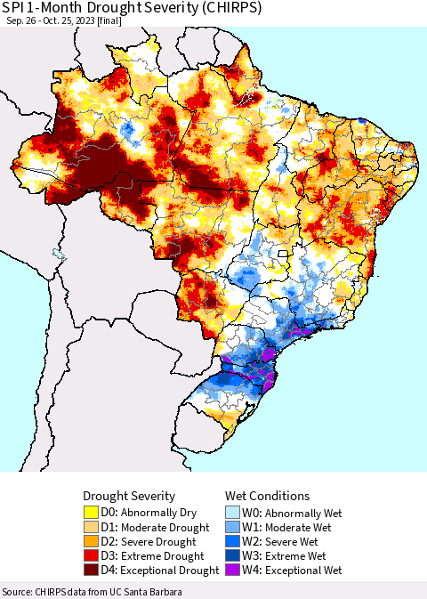 Brazil SPI 1-Month Drought Severity (CHIRPS) Thematic Map For 9/26/2023 - 10/25/2023