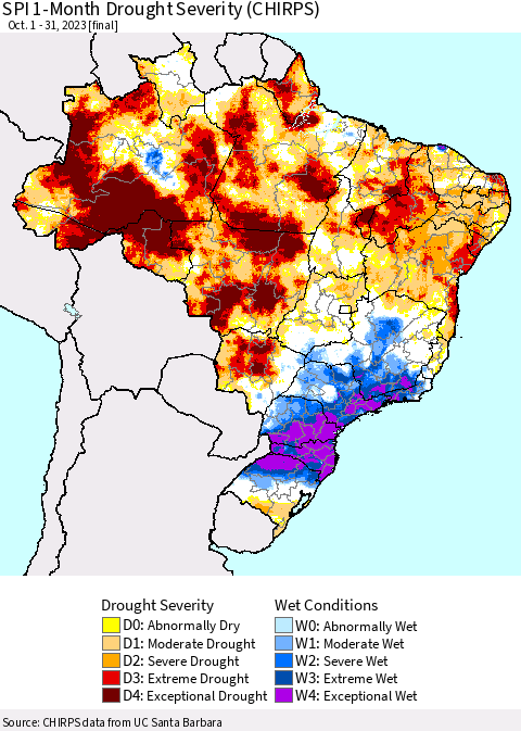 Brazil SPI 1-Month Drought Severity (CHIRPS) Thematic Map For 10/1/2023 - 10/31/2023