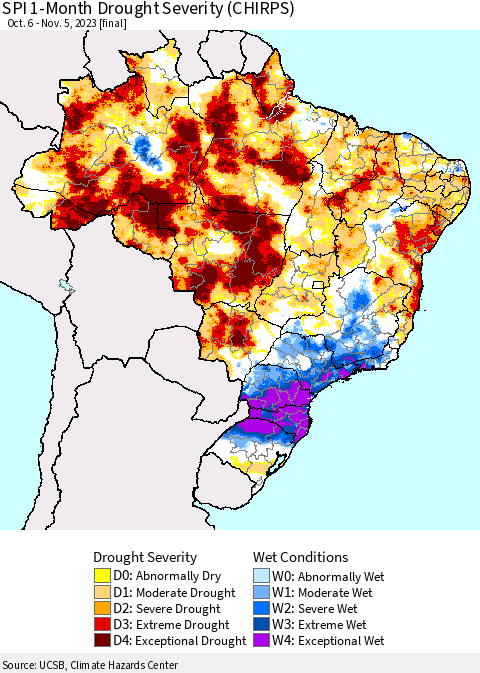 Brazil SPI 1-Month Drought Severity (CHIRPS) Thematic Map For 10/6/2023 - 11/5/2023