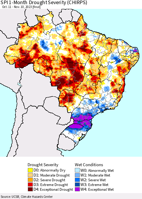 Brazil SPI 1-Month Drought Severity (CHIRPS) Thematic Map For 10/11/2023 - 11/10/2023
