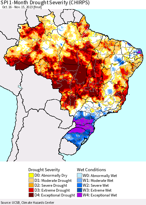 Brazil SPI 1-Month Drought Severity (CHIRPS) Thematic Map For 10/16/2023 - 11/15/2023