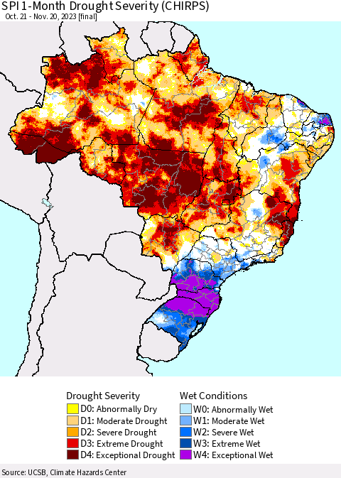 Brazil SPI 1-Month Drought Severity (CHIRPS) Thematic Map For 10/21/2023 - 11/20/2023