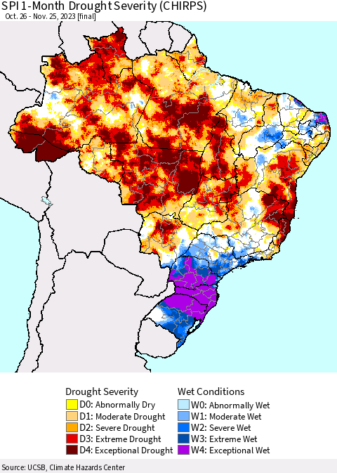 Brazil SPI 1-Month Drought Severity (CHIRPS) Thematic Map For 10/26/2023 - 11/25/2023