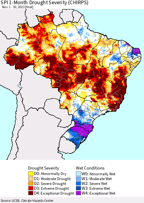 Brazil SPI 1-Month Drought Severity (CHIRPS) Thematic Map For 11/1/2023 - 11/30/2023