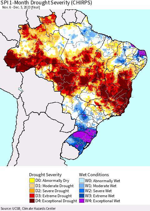 Brazil SPI 1-Month Drought Severity (CHIRPS) Thematic Map For 11/6/2023 - 12/5/2023