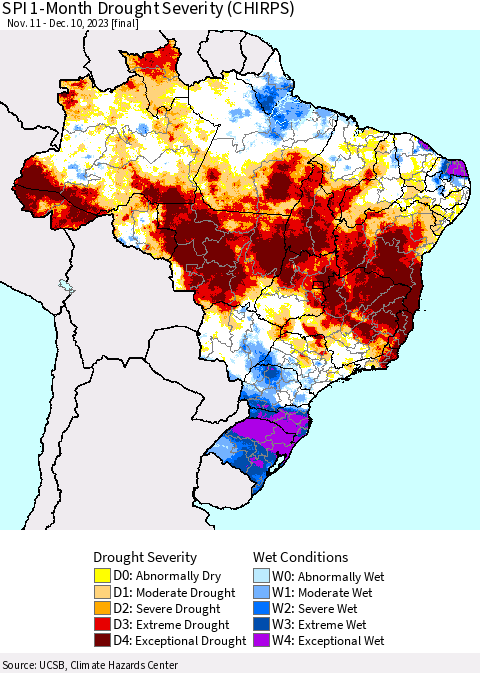 Brazil SPI 1-Month Drought Severity (CHIRPS) Thematic Map For 11/11/2023 - 12/10/2023